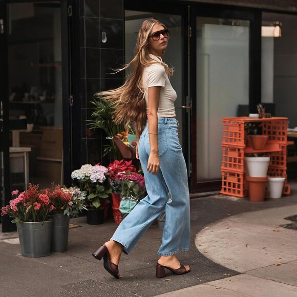 Women's Chocolate Mesh Slide Sandals Square Open Toe Mules Chunky Heels Slip On - Picture 3 of 6